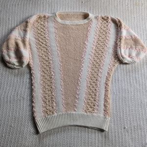 VTG Women's Large Knit Short Sleeve Shirt Crewneck Sweater Ivory Peach Pink